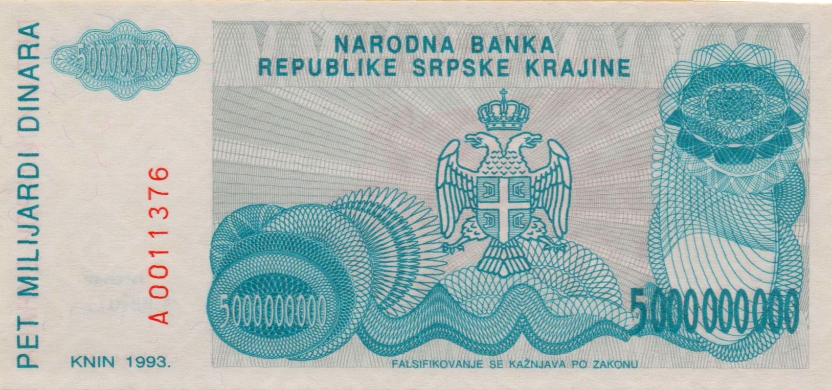 Croatia 5000000000 1993 UNC P-R27